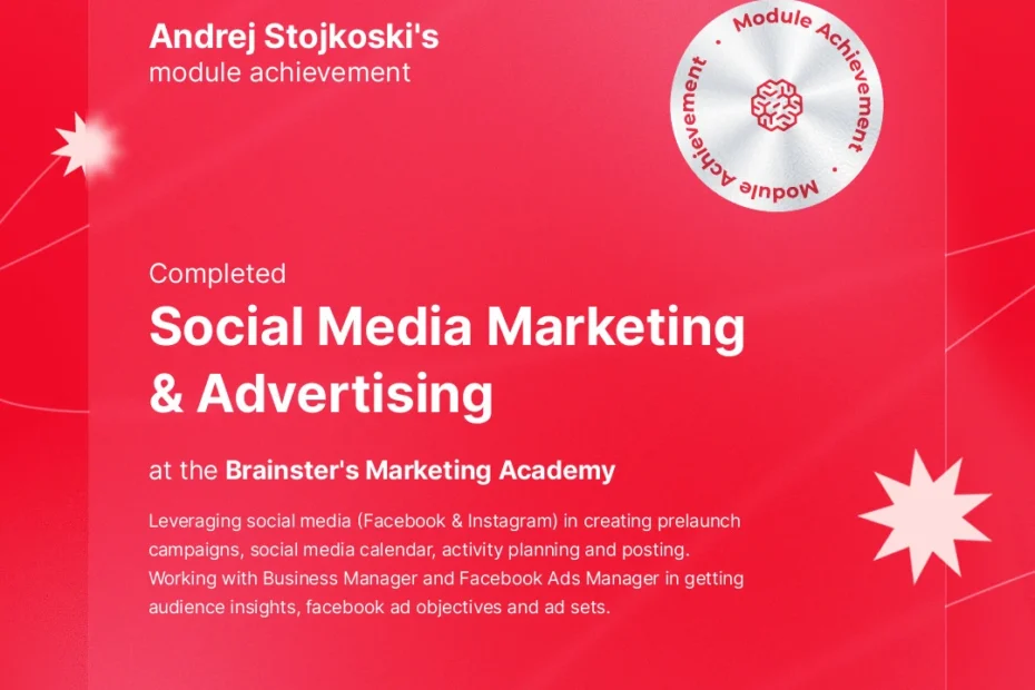 Certificate of completion of the Social Media Marketing & Advertising module for Andrej Stojkoski