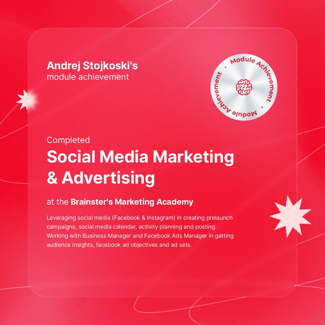 Certificate of completion of the Social Media Marketing & Advertising module for Andrej Stojkoski