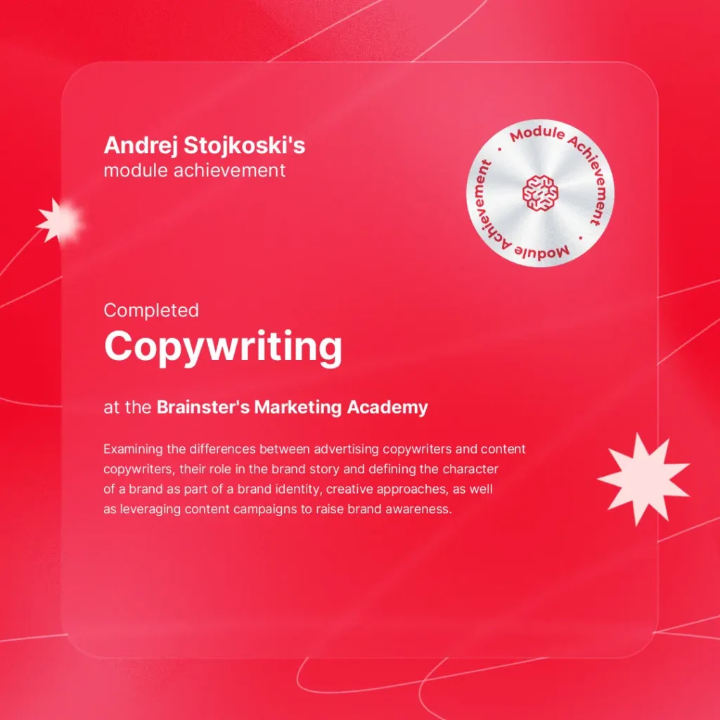 Certificate of completion of the Copywriting module for Andrej Stojkoski
