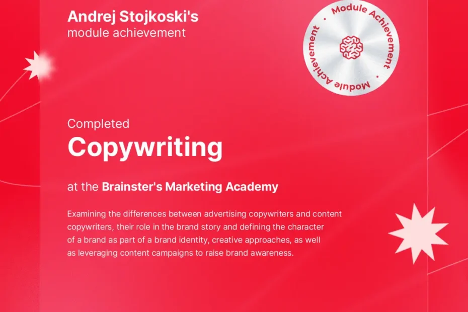 Certificate of completion of the Copywriting module for Andrej Stojkoski
