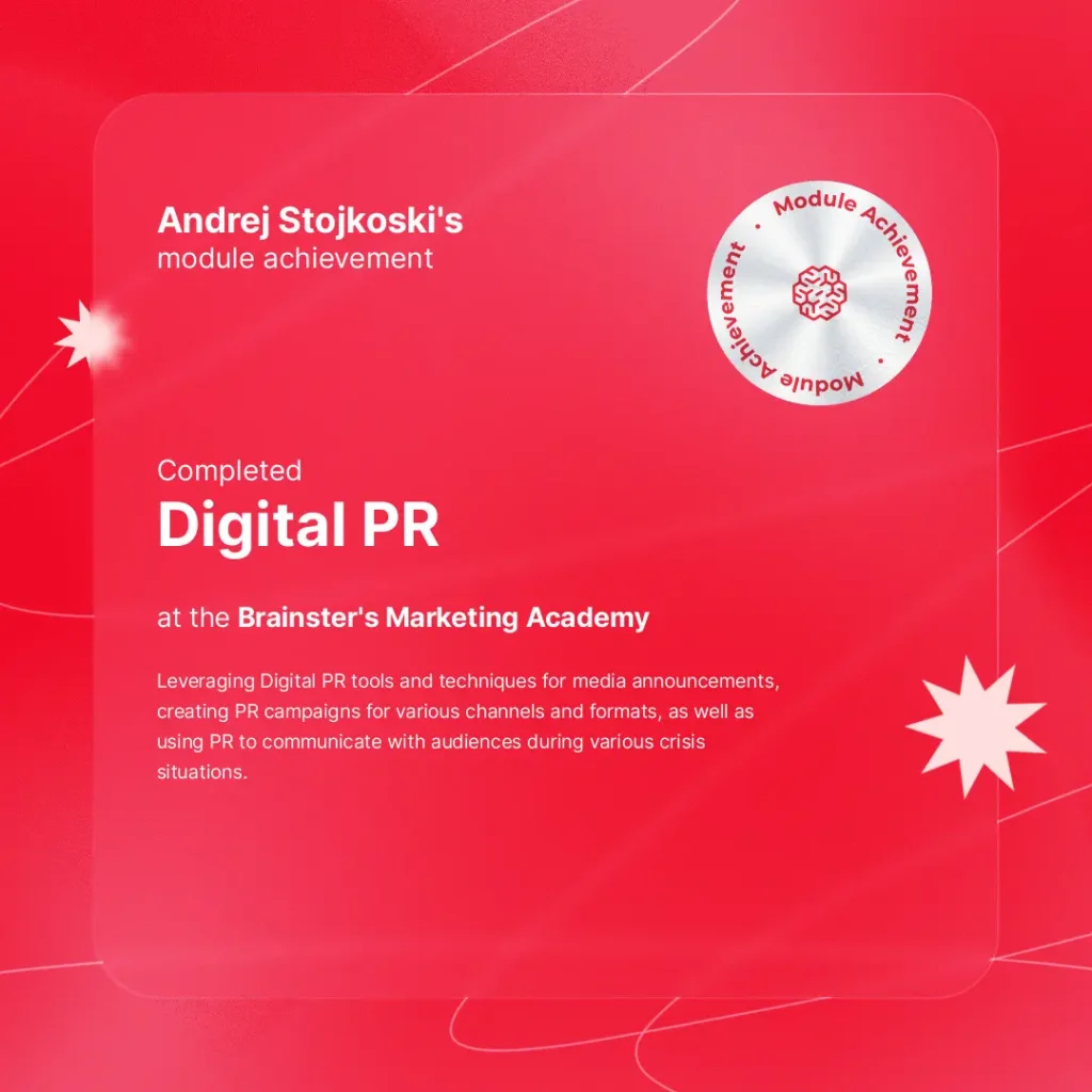 Certificate of Completion of the Digital PR module for Andrej Stojkoski
