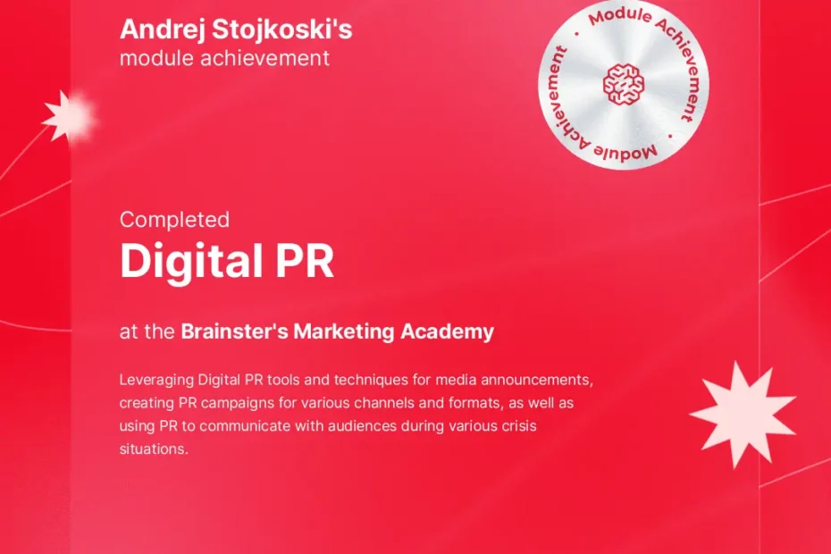 Certificate of Completion of the Digital PR module for Andrej Stojkoski
