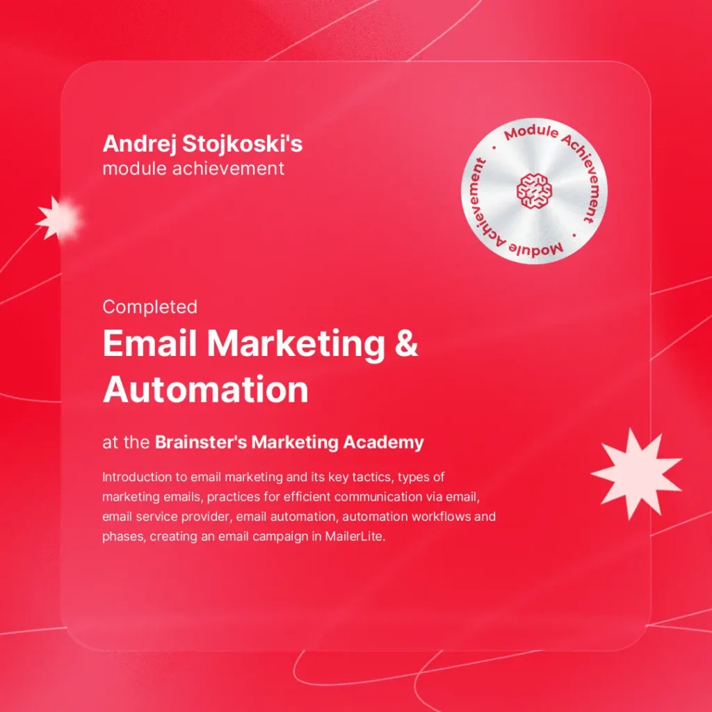 Certificate of completion for email marketing and automation obtained by Andrej Stojkoski