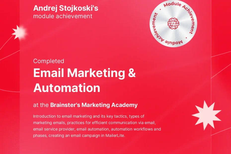 Certificate of completion for email marketing and automation obtained by Andrej Stojkoski