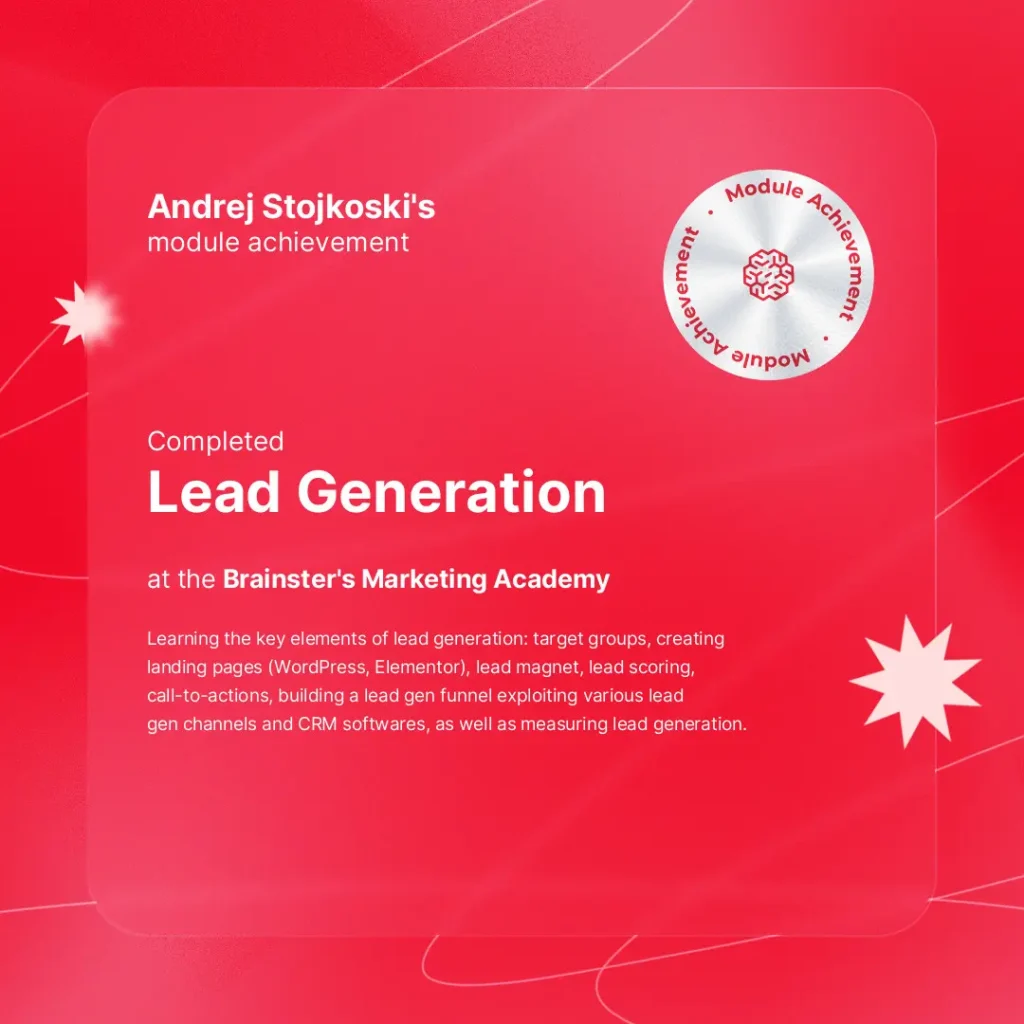 Certificate of completion of the Lead Generation module for Andrej Stojkoski