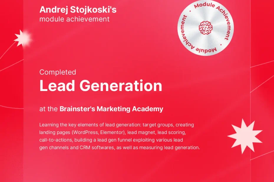 Certificate of completion of the Lead Generation module for Andrej Stojkoski