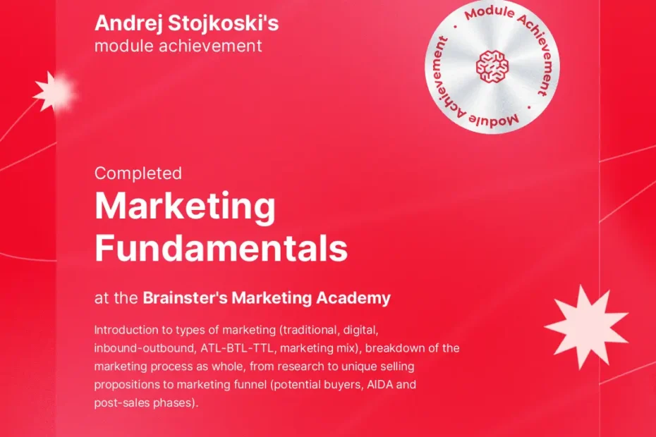 Certificate of completion of the Marketing-fundamentals module for Andrej Stojkoski