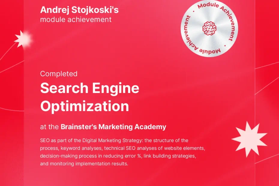 Certificate of completion of the Search Engine Optimization(SEO) module for Andrej Stojkoski
